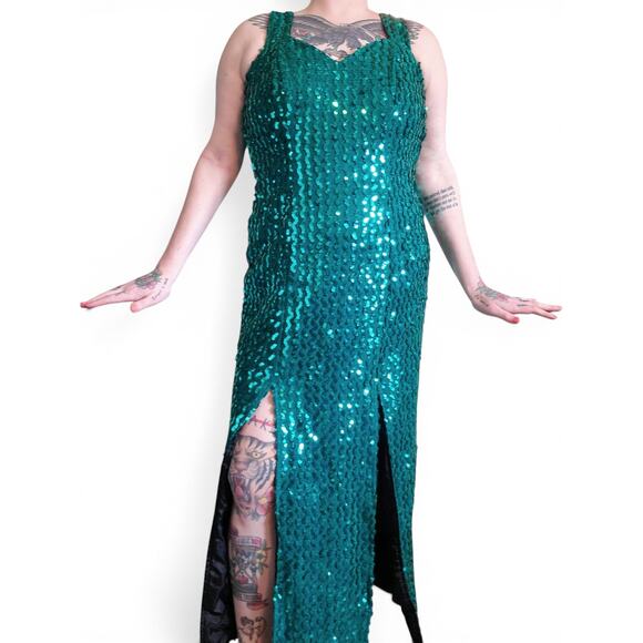 Vintage 80s Teal Sequin Embellished Sleeveless V Neck Mermaid Maxi Dress - Picture 16 of 16